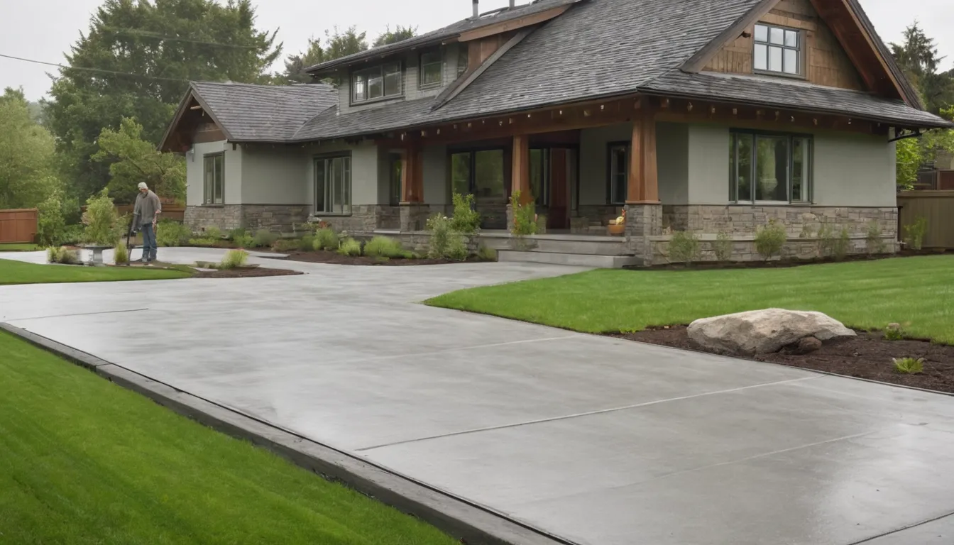Fresh concrete driveway being finished beside a wood-frame home in the Buckley area